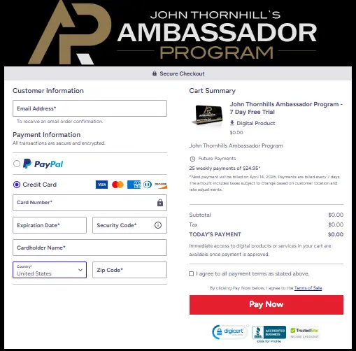 John Thornhill’s Ambassador Program Secure Checkout Page
